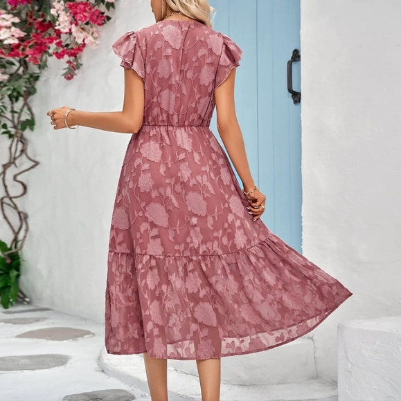 Beige Floral Midi Dress - Picture 7 of 15